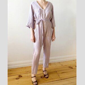 Raquel Allegra Lavender Metallic Gold Linen Abalone Button-Up Jumpsuit size 1 S
